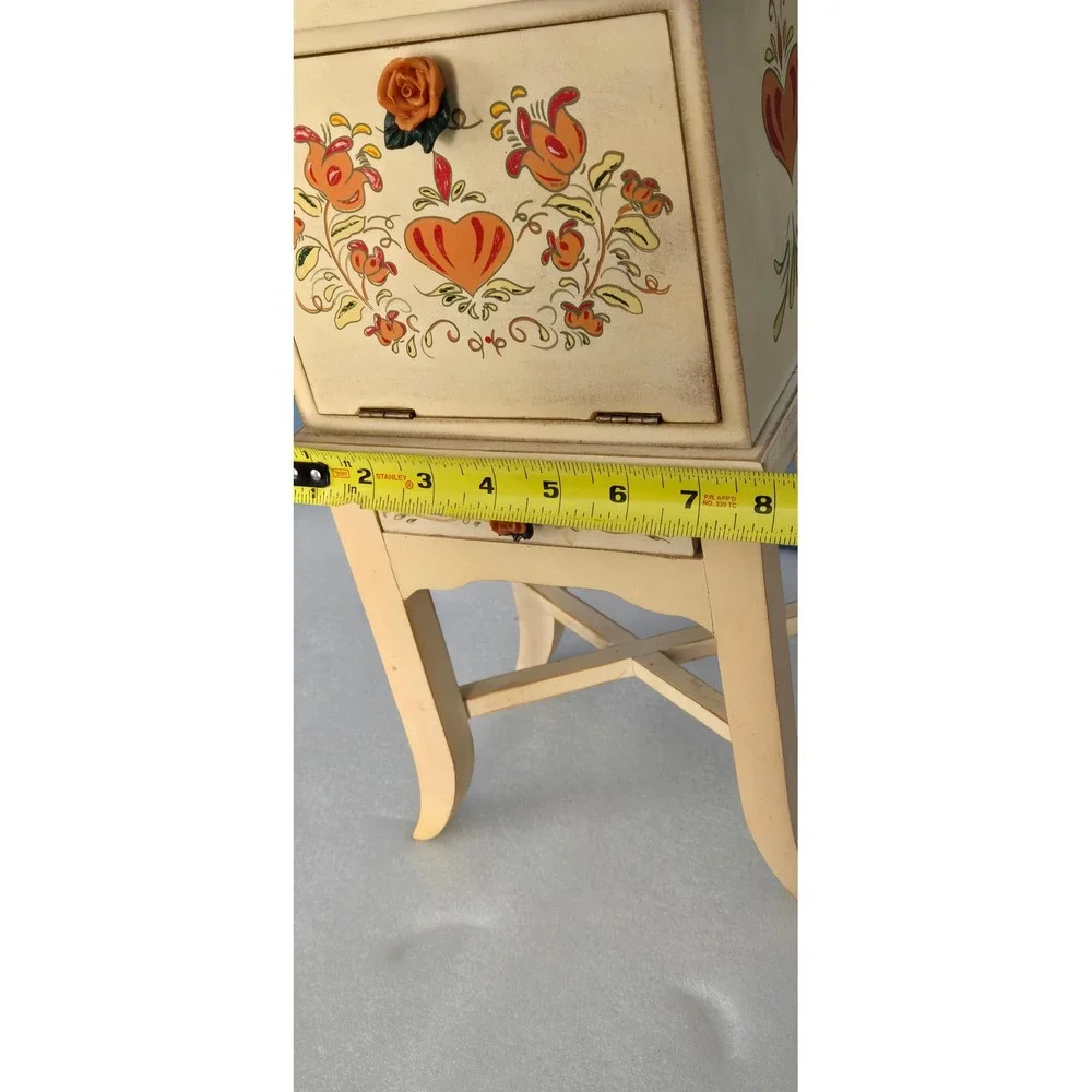Vintage Hand Painted Floral Heart Wooden Jewelry Armoire Mini Vanity Chest 16in